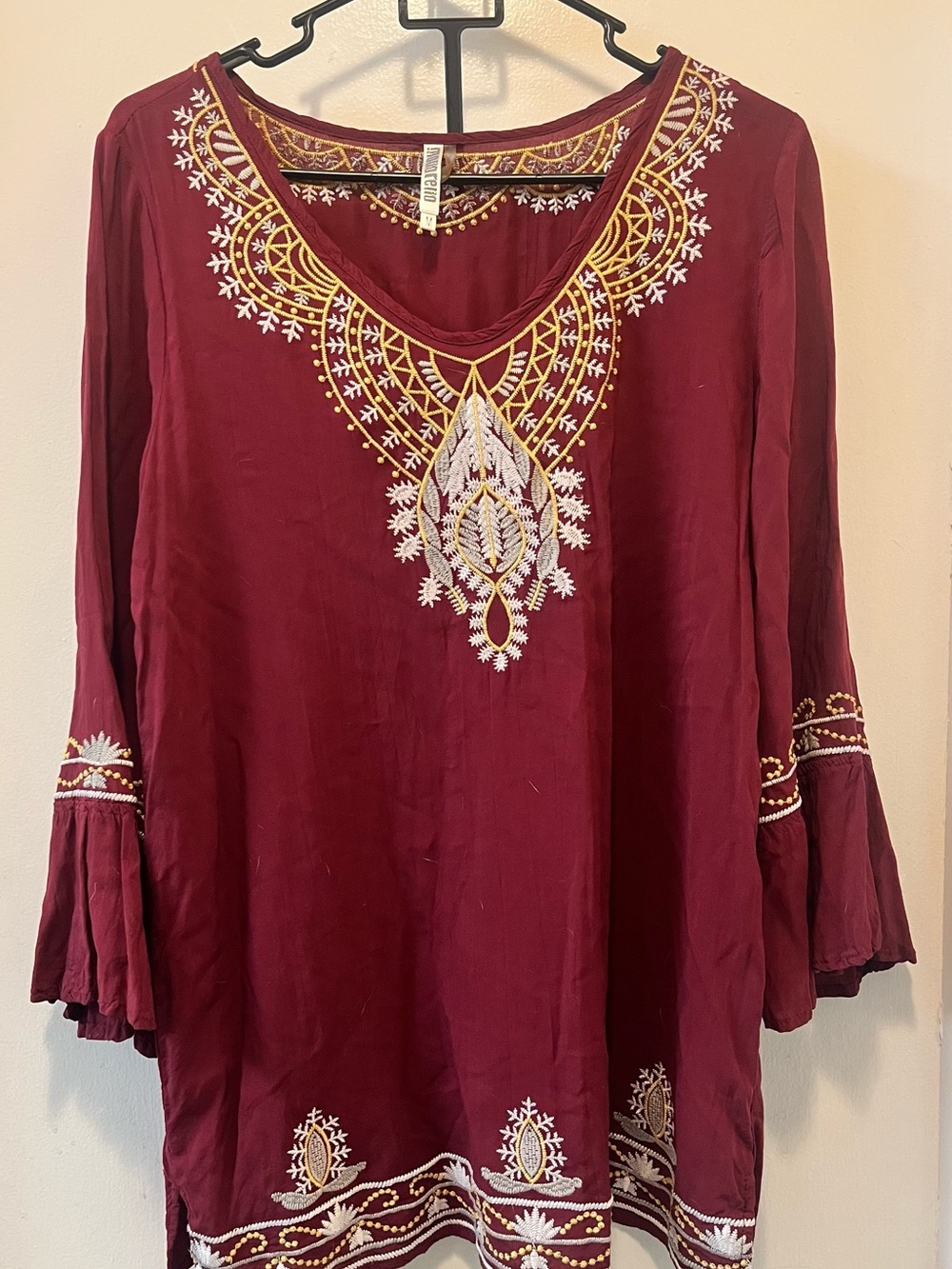 Anthropologie Burgundy Embroidered V-Neck Tunic with Gold & White Accents